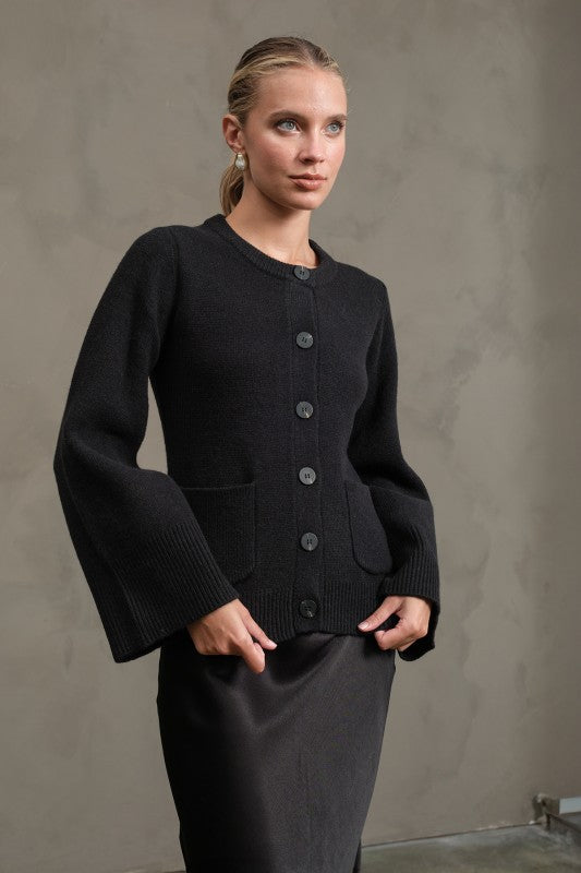 Black Button-up Bell Sleeve Knit Cardigan – LLACIE
