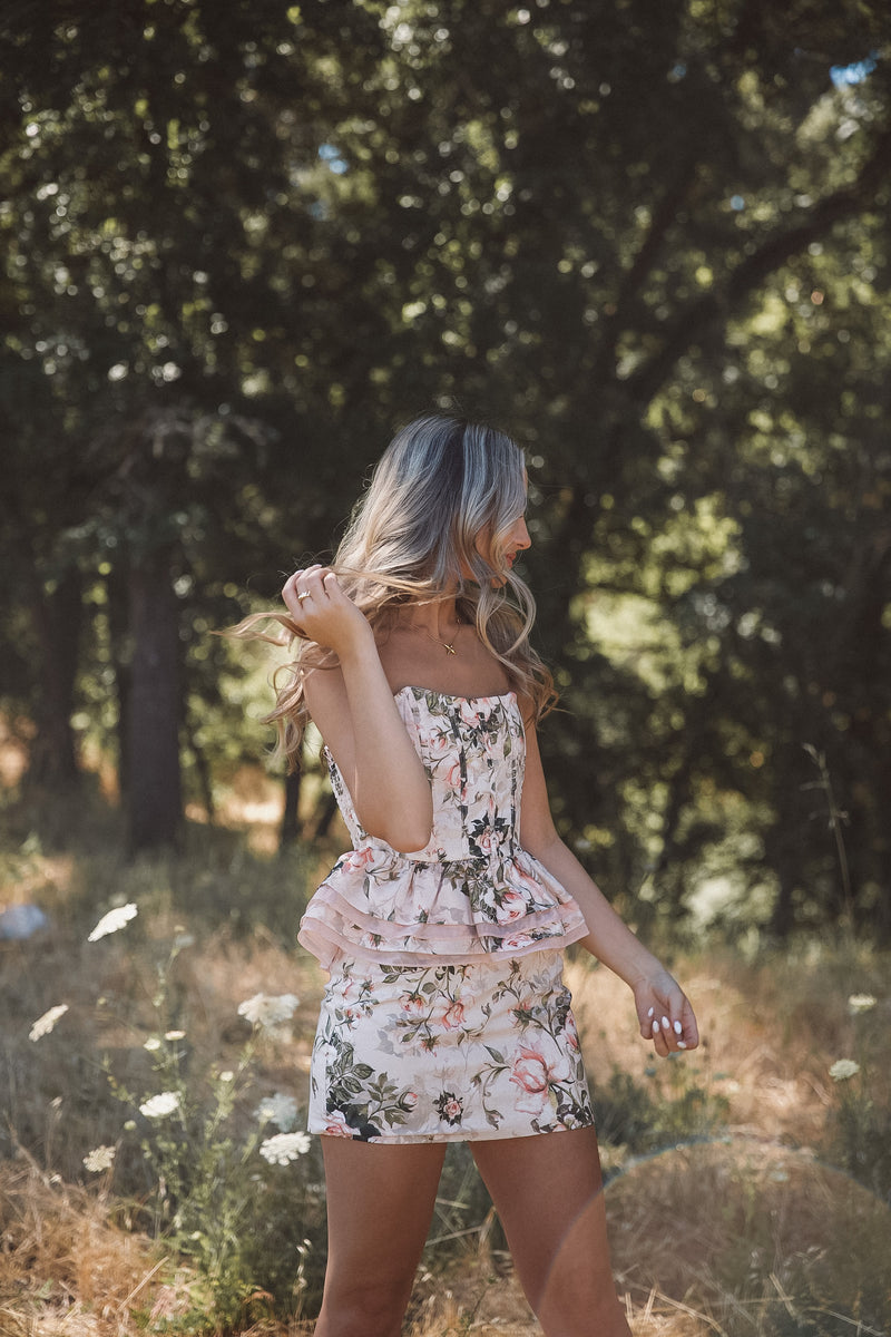 spring peplum dress Romantic Floral Mini Dress Peplum Spring Brunch Outfit Connie Pena