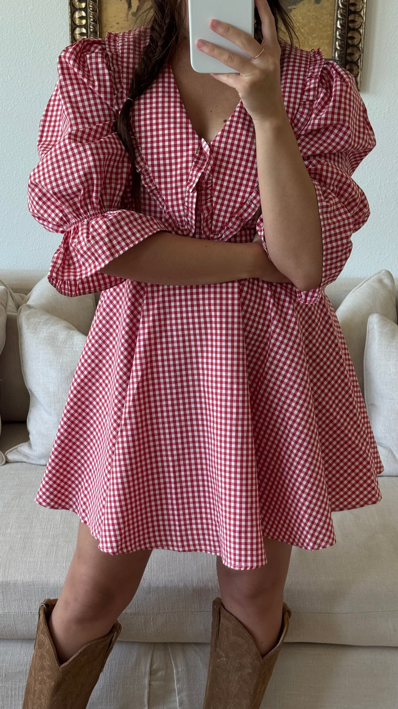 Red Peter Pan Collar Mini Gingham Dress