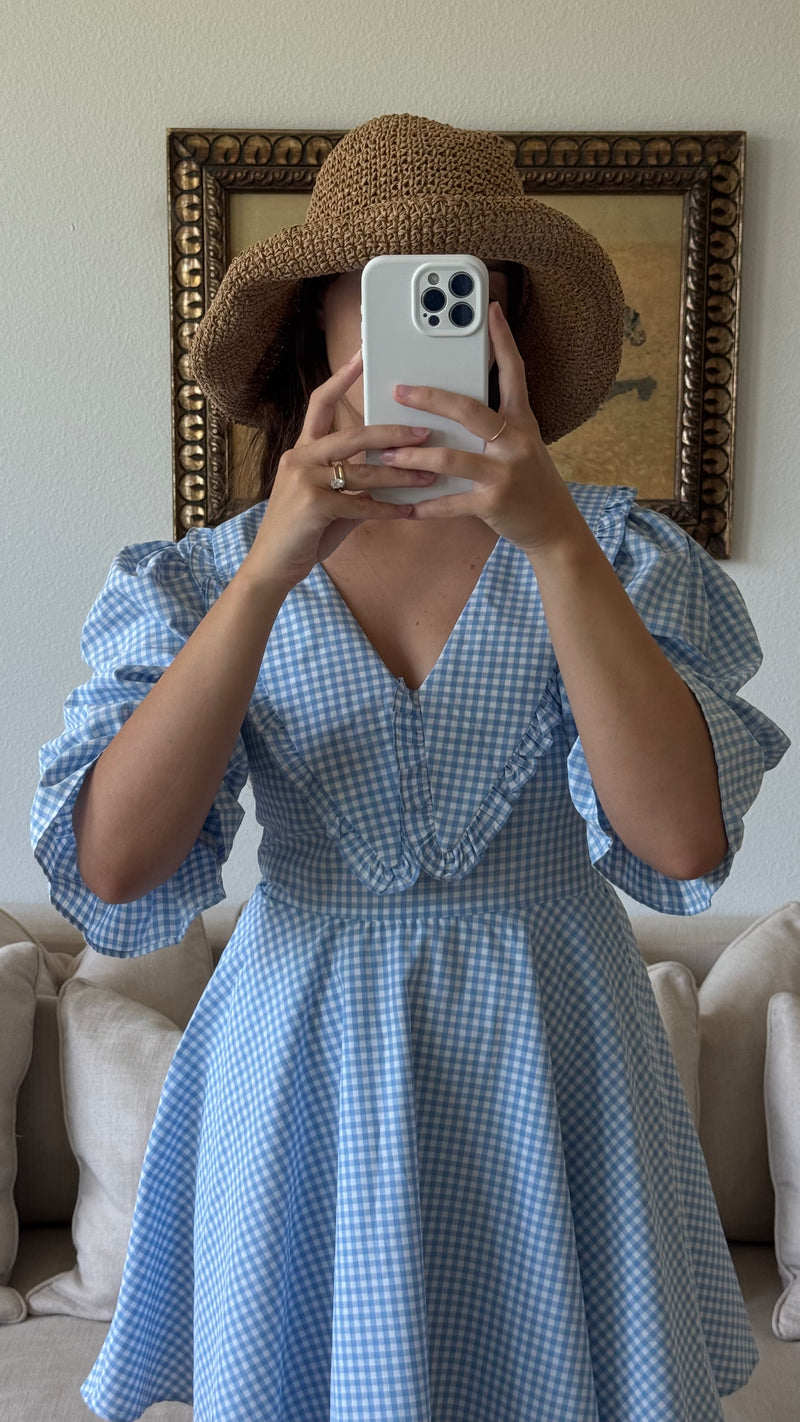 Blue Peter Pan Collar Mini Gingham Dress - FINAL SALE LLACIE Blue Peter Pan Collar Mini Gingham Dress - FINAL SALE LLACIE