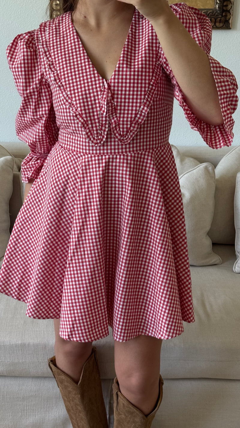 Red Peter Pan Collar Mini Gingham Dress- FINAL SALE – LLACIE Red Peter Pan Collar Mini Gingham Dress- FINAL SALE – LLACIE