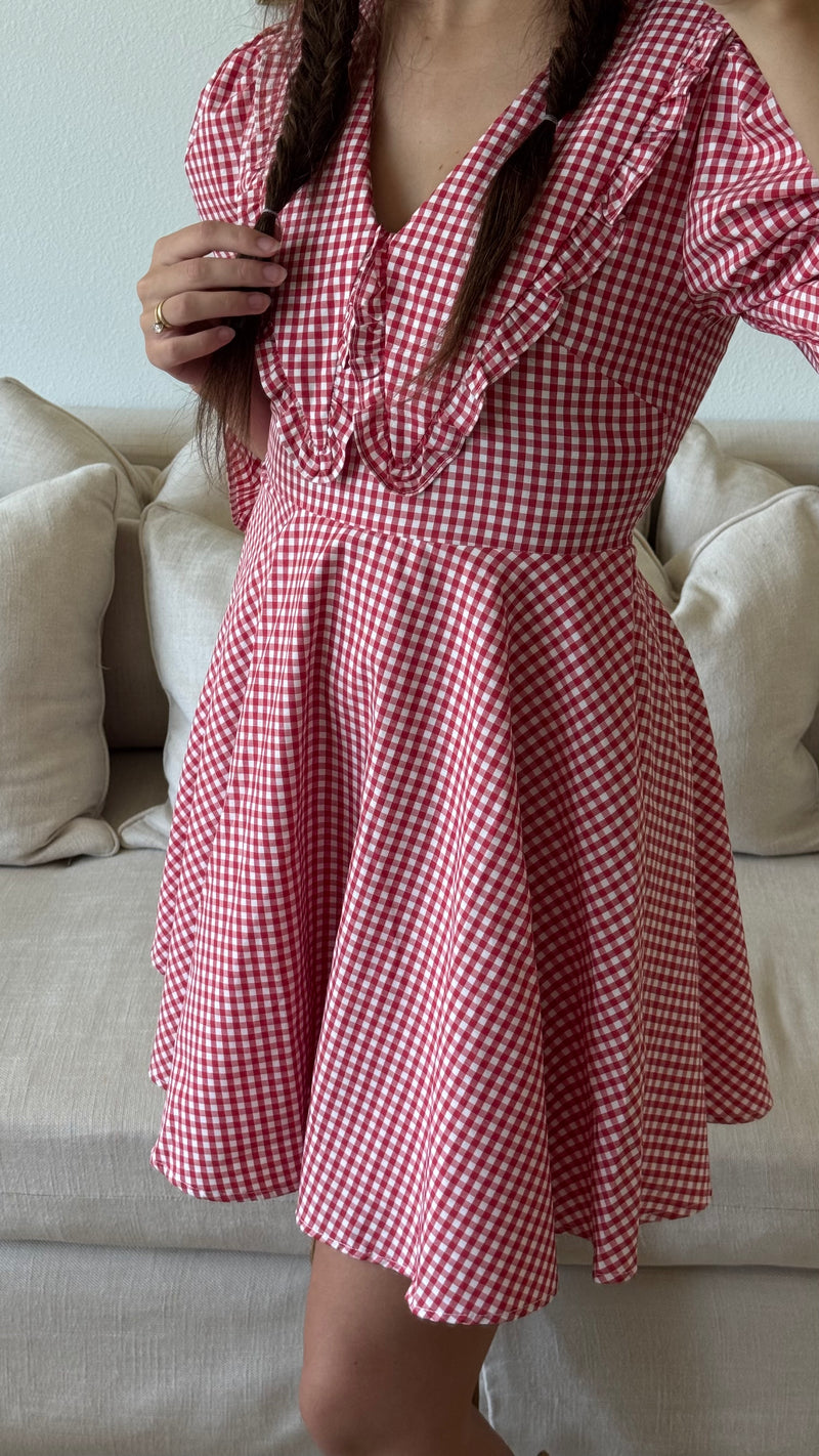 Red Peter Pan Collar Mini Gingham Dress- Final Sale Red Peter Pan Collar Mini Gingham Dress- Final Sale