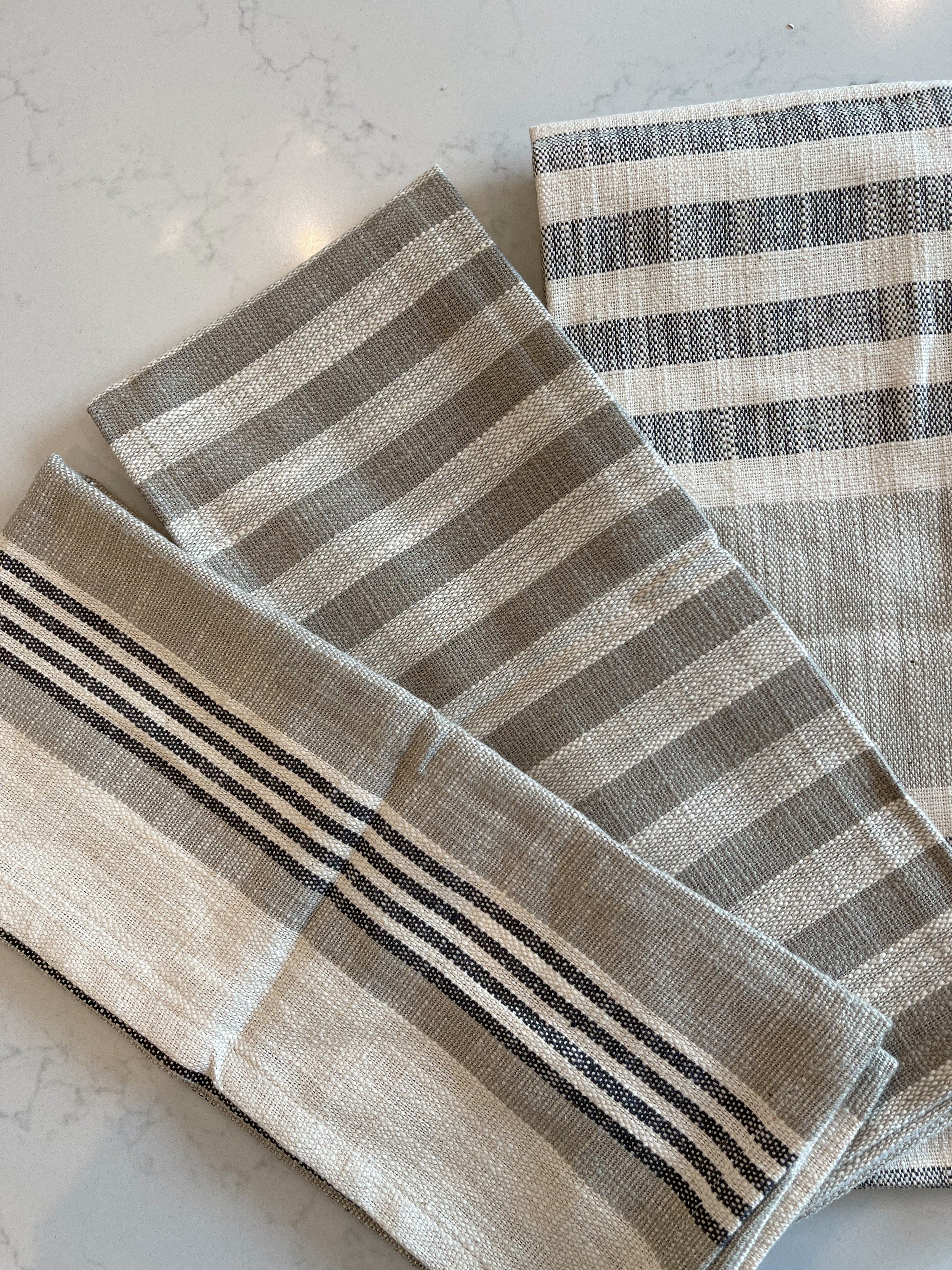 Grey, White, Green Striped Tea Towel Set
