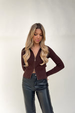 Mocha Brown Front Zip Up Polo Cardigan - LLACIE 