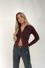 Mocha Brown Front Zip Up Polo Cardigan - LLACIE 