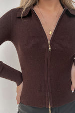 Mocha Brown Front Zip Up Polo Cardigan - LLACIE 