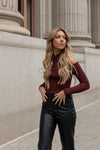Blaine Burgundy Brown Criss-cross Off Shoulder Top - LLACIE 